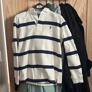 Medium White and Navy Striped Ralph Lauren Rugby Polo